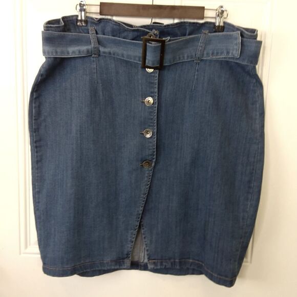 Traffic Jean Wear button front blue denim paper bag front waist skirt with belt - Picture 1 of 10